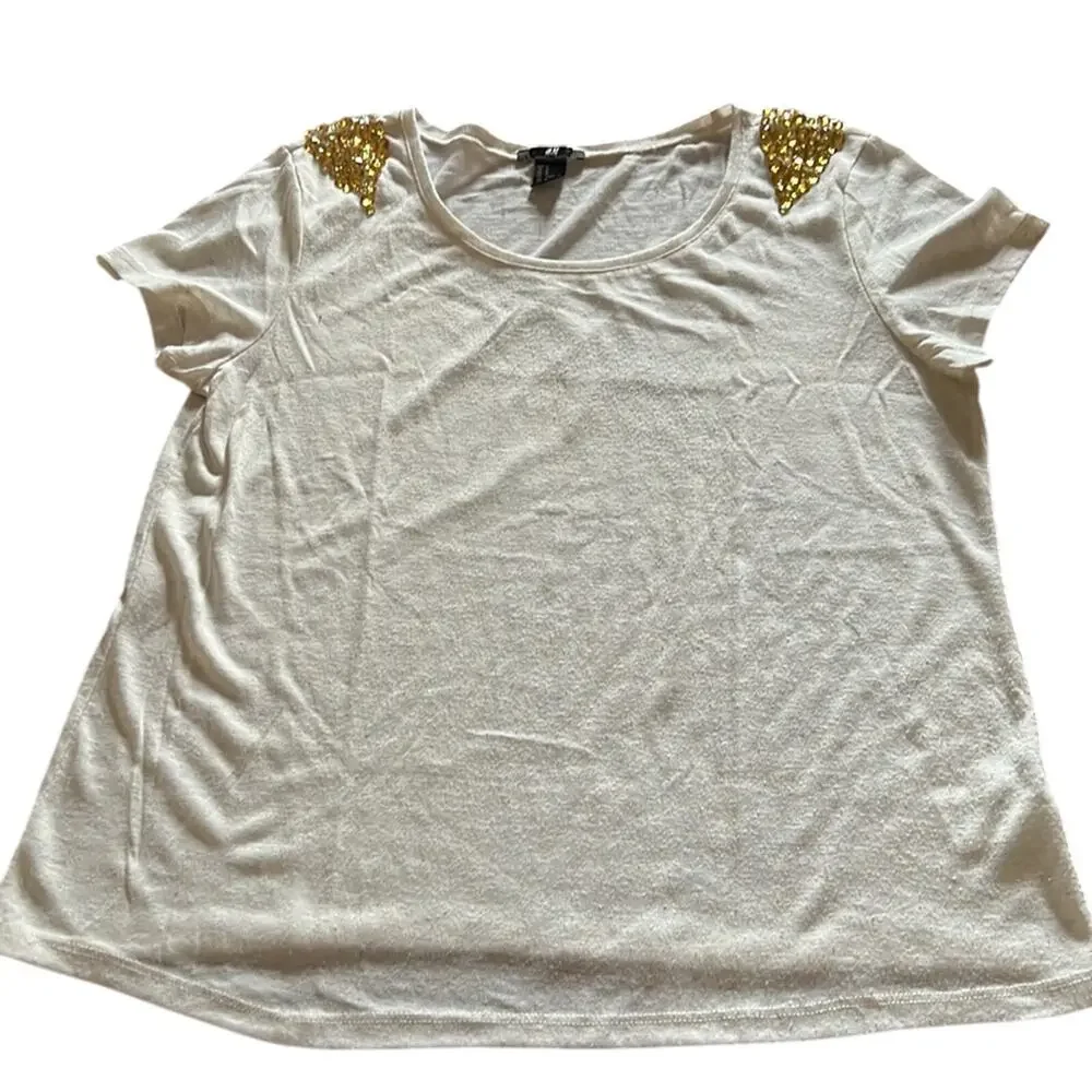 H&M Beige Oatmeal Fleck Knit Top wi Jewel Embellishments Woman Size Medium Y2K - Picture 5 of 9